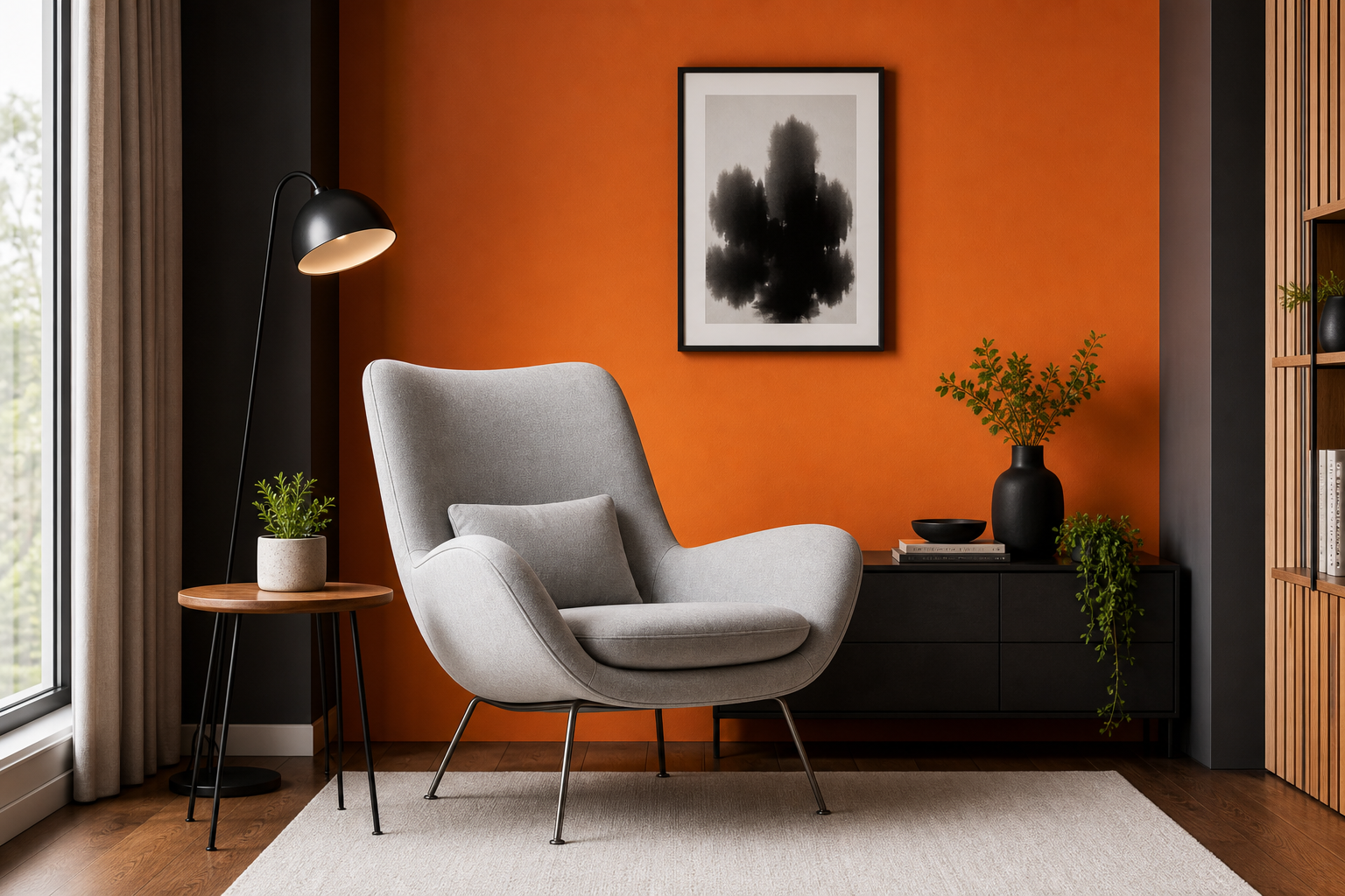 Minimal lounge chair and wood sideboard in a calm room