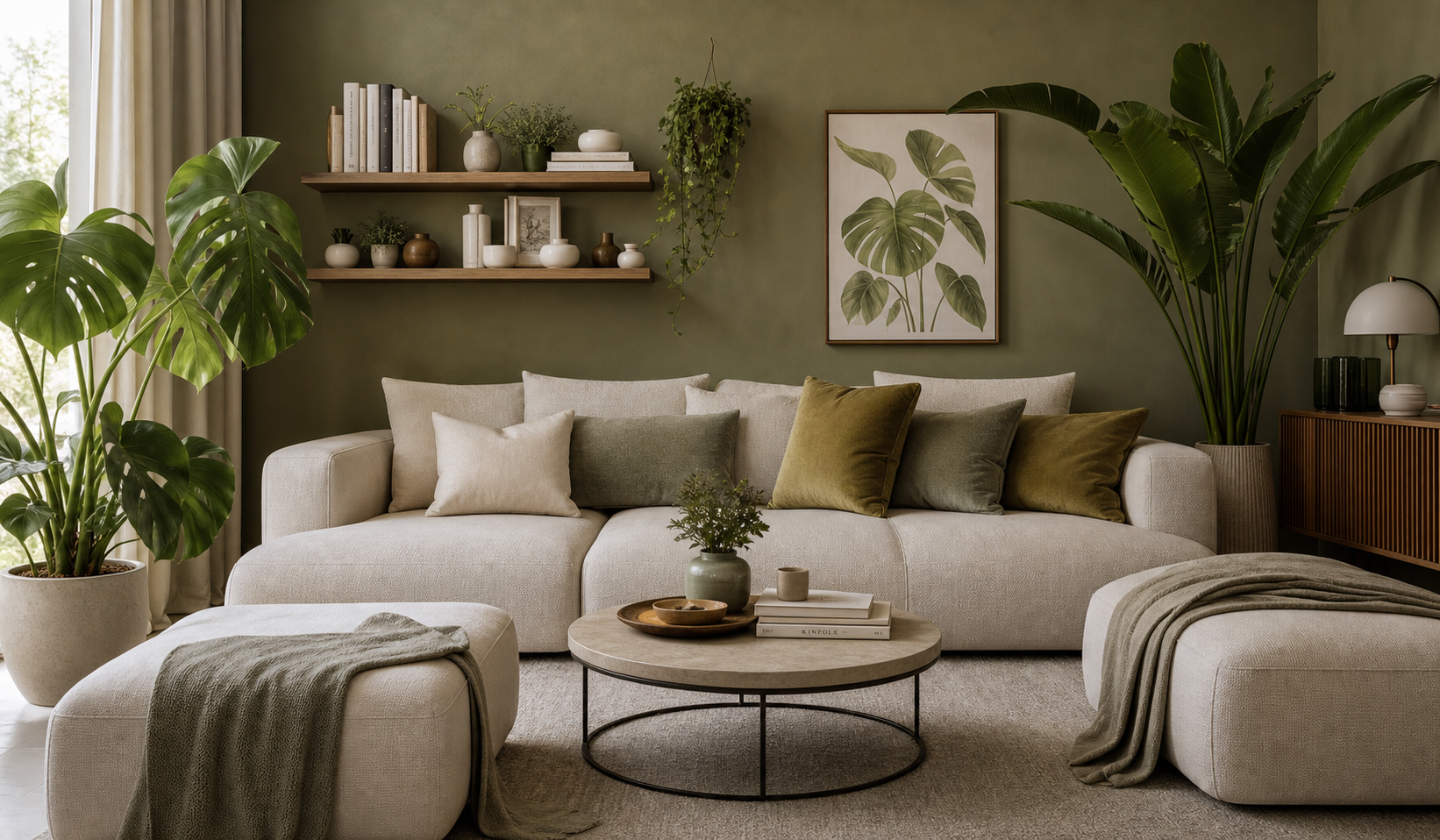 Soft green living room with layered decor